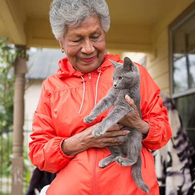 Older woman holding a gray kitten